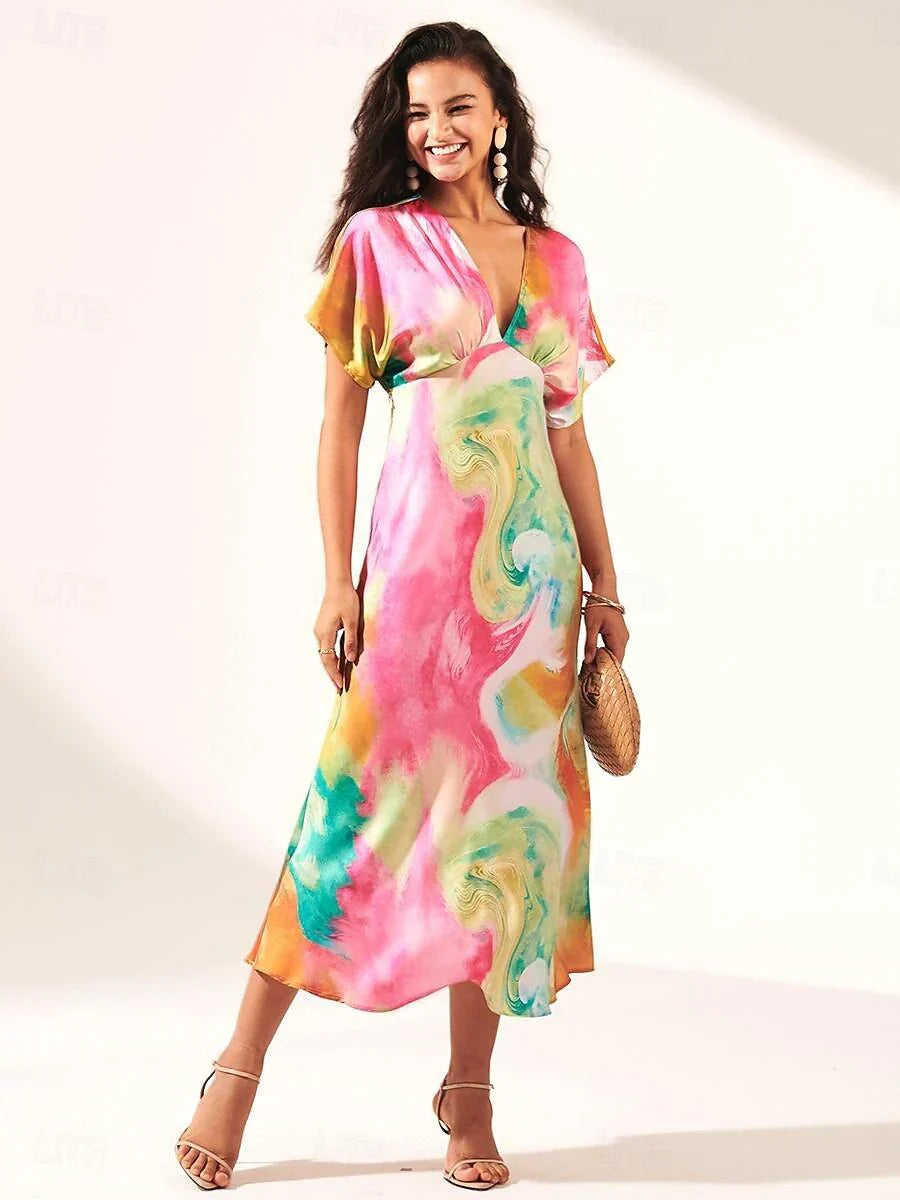 Mermer Desenli Saten Maxi Elbise