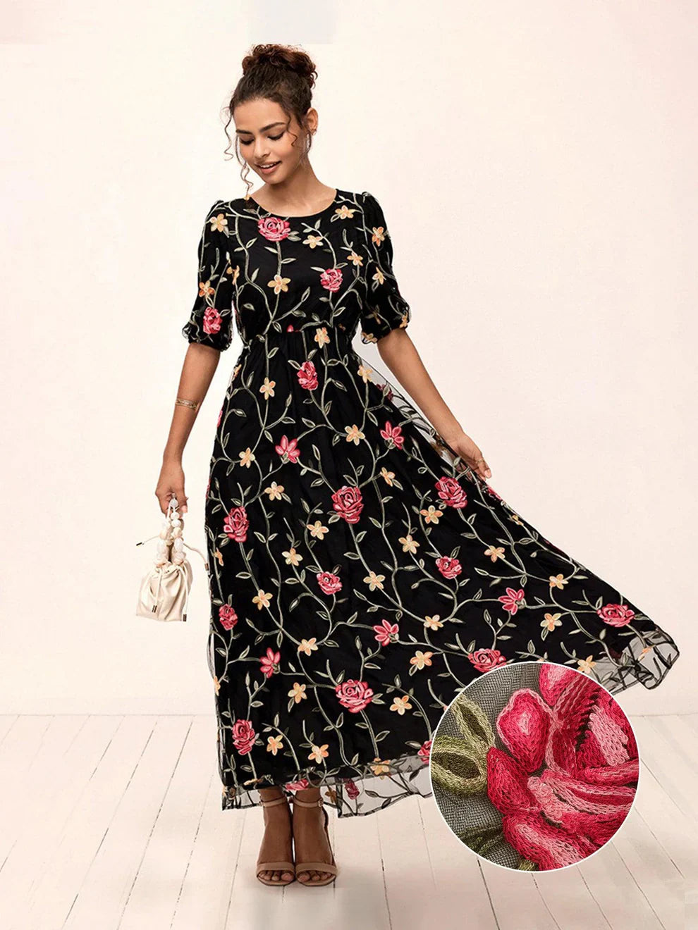 Nakış Detaylı Çiçekli Dantelli Maxi Elbise