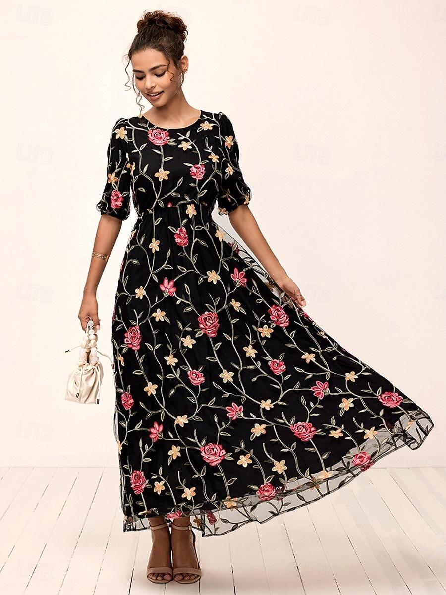 Nakış Detaylı Çiçekli Dantelli Maxi Elbise