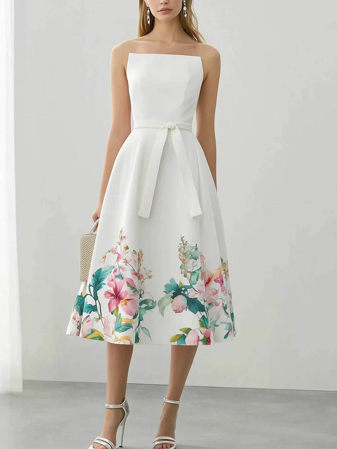 Şık Çiçekli Saten Midi Elbise ve  Kemer