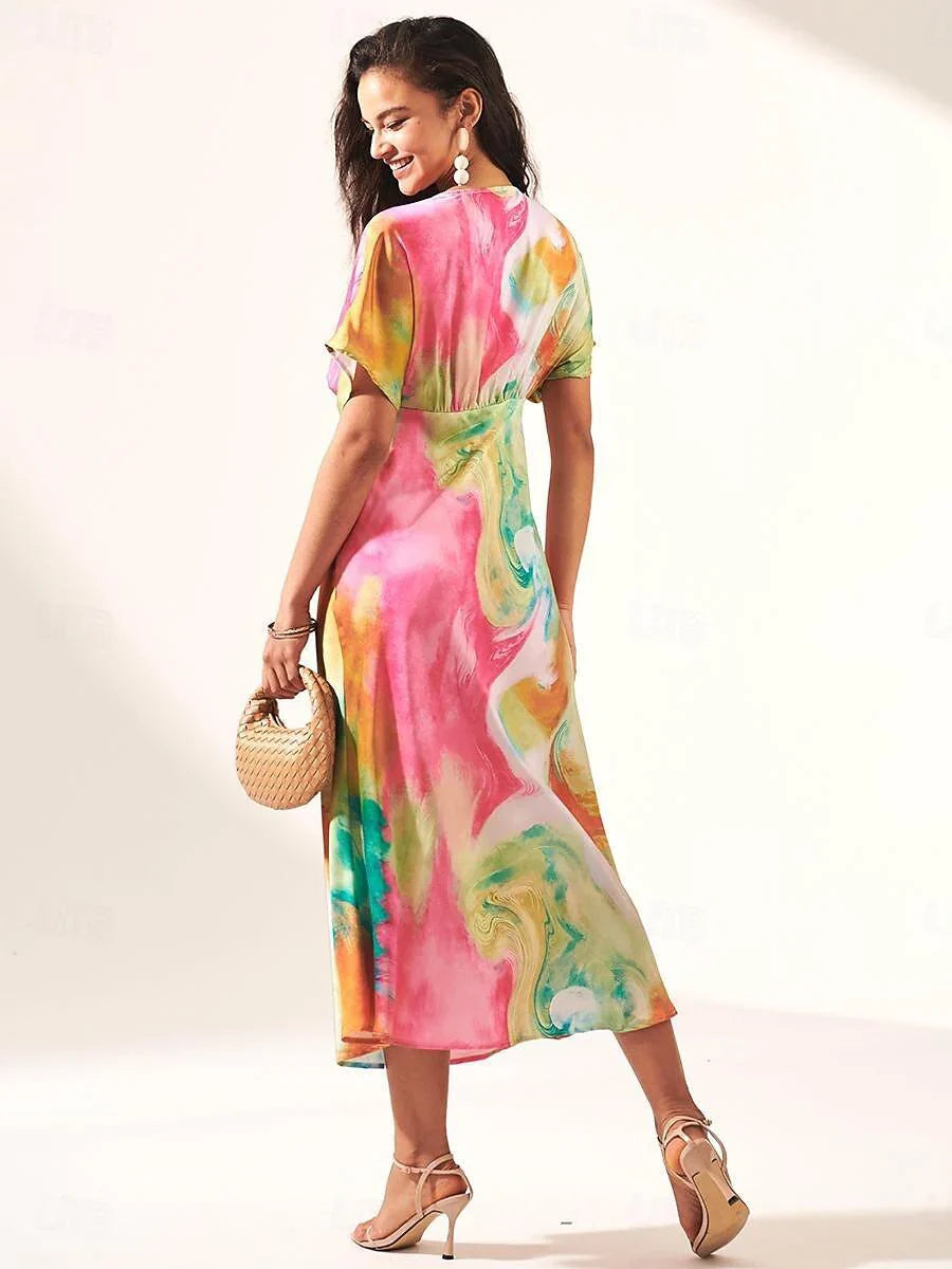 Mermer Desenli Saten Maxi Elbise