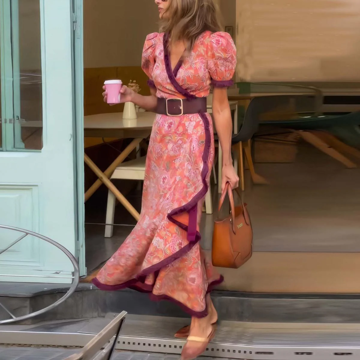 Şık Kısa Kollu Pembe Maxi Elbise