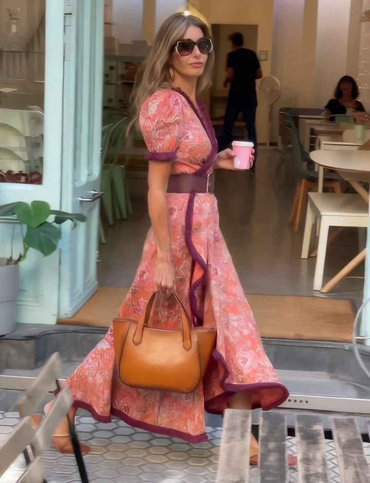 Şık Kısa Kollu Pembe Maxi Elbise