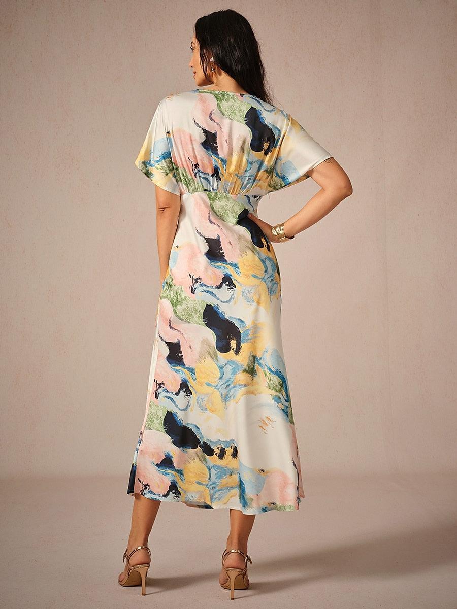 Mermer Desenli Saten Maxi Elbise