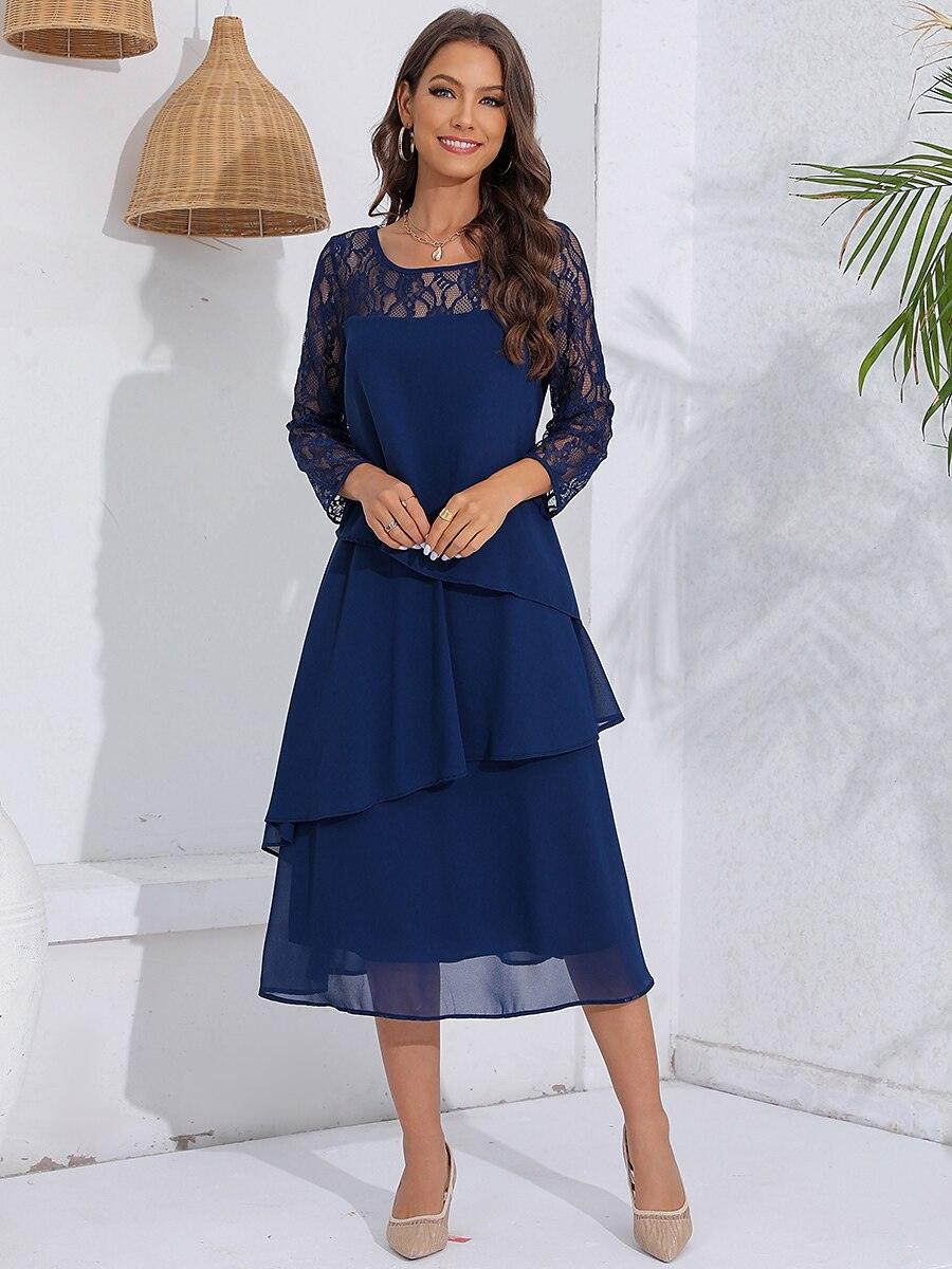 Katmanlı Dantel Detaylı Şifon Elbise